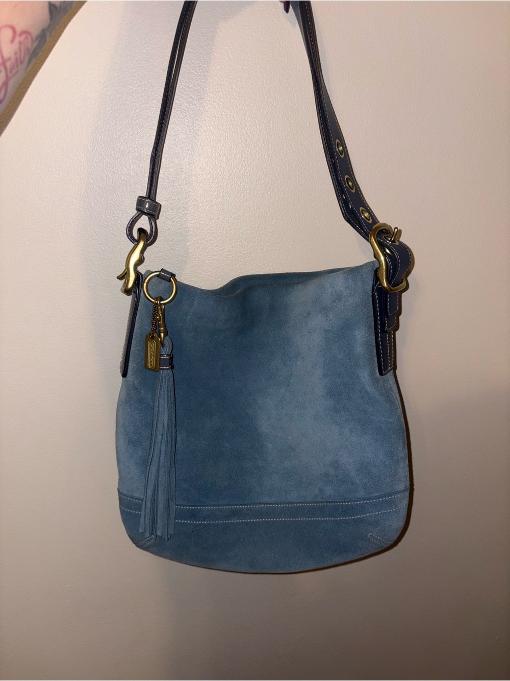 Blue Coach Suede Shoulder Bag with Tassel